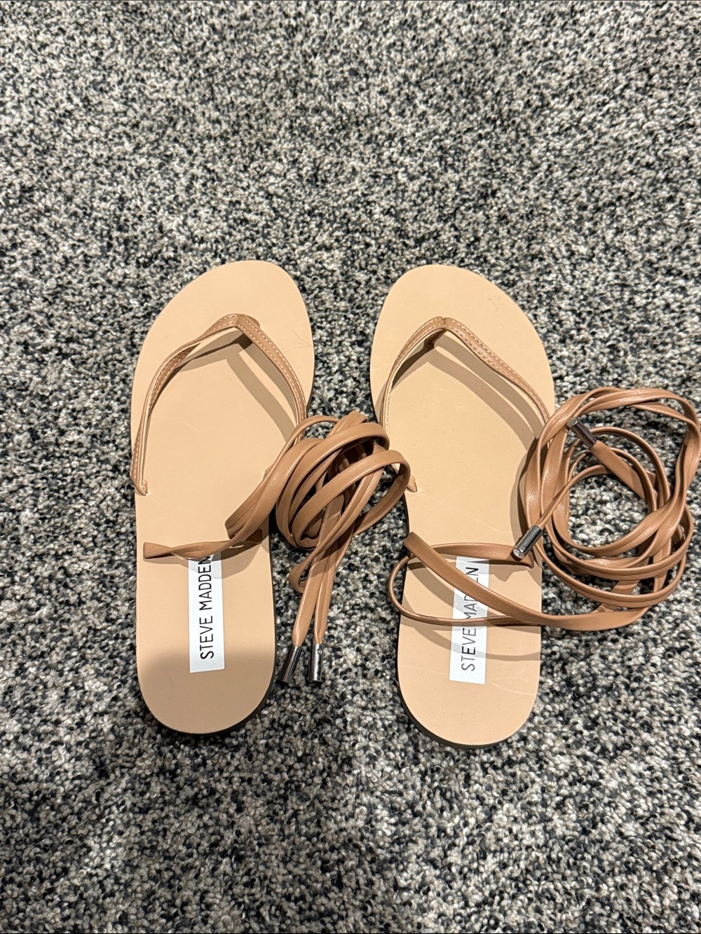 Steve Madden Cognac Wrap Lace-Up Flat Sandals. Anna A05S1